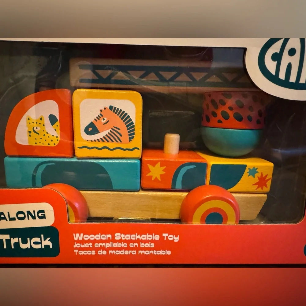 NWT Wooden Pull Along Fire Truck w/ Colorful Wooden Stackable Pieces / Camp Toys